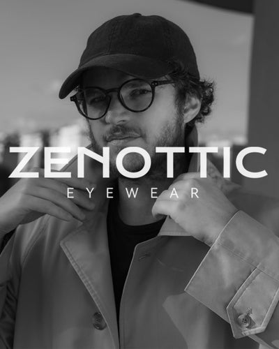 A man adjusting his coat while wearing glasses, with "ZENOTTIC EYEWEAR" overlay.